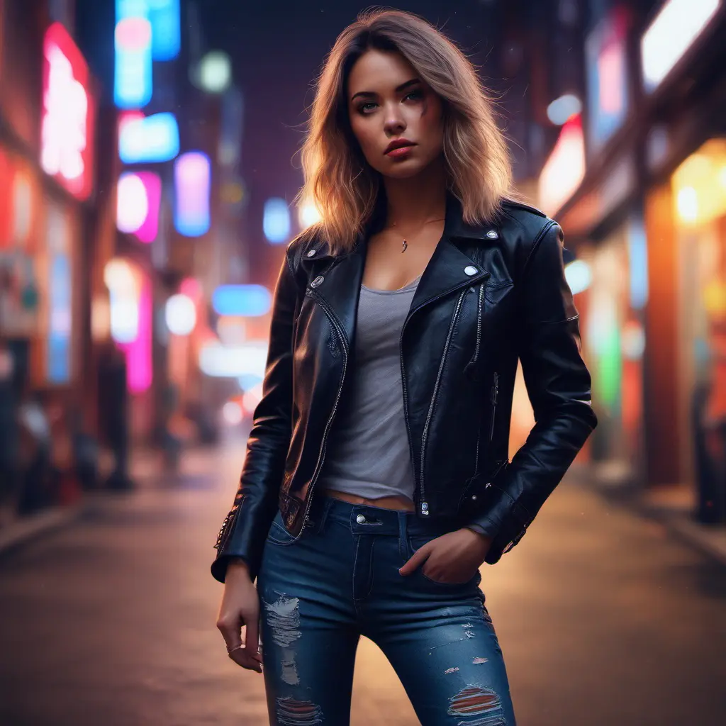 A woman with a fierce, confident expression, wearing a leather jacket and ripped jeans. She is standing in a gritty urban environment, with graffiti and neon lights surrounding her., 8k by Stanley Artgerm Lau