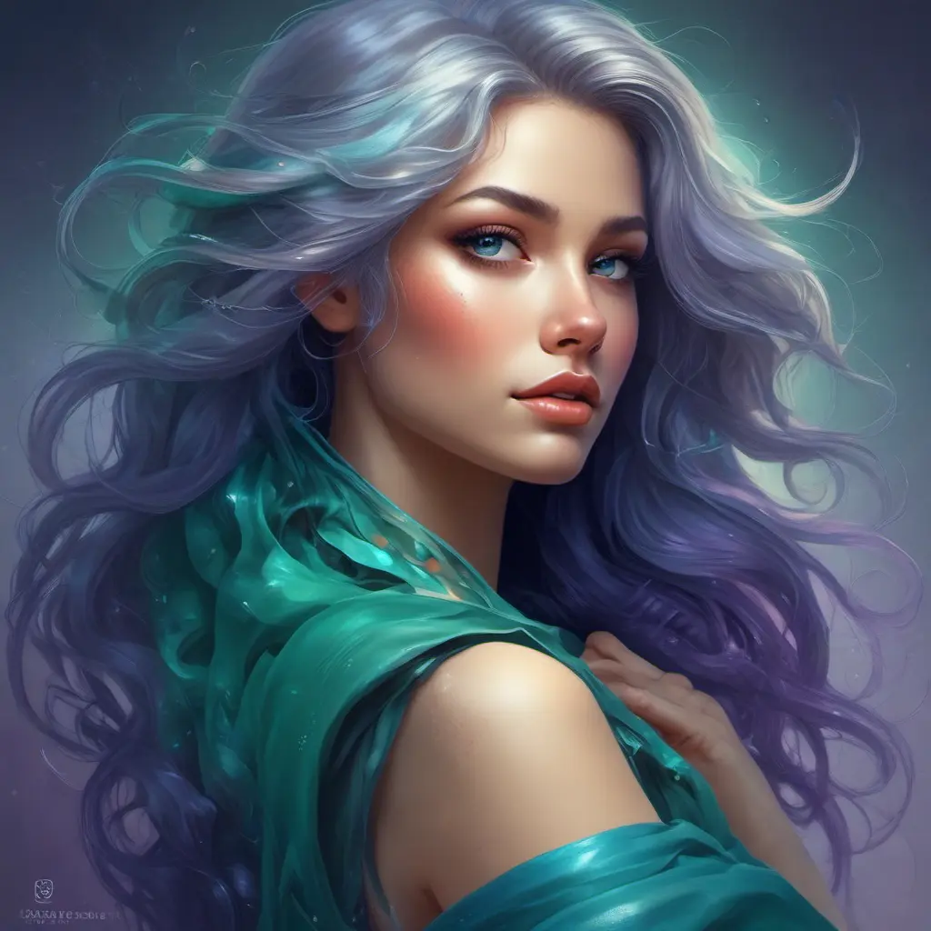 A breathtaking woman with eyes like galaxies, swirling with emerald, sapphire, and amethyst hues. Her hair cascades down her back like a silken waterfall, catching the light and shimmering with strands of silver, platinum, and gold., 8k by Stanley Artgerm Lau