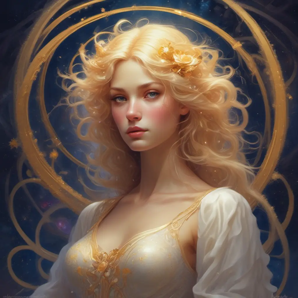 A luminous being, ethereal and otherworldly, stands poised amidst a whirlwind of iridescent petals and shimmering stardust. Her skin is a radiant, pearlescent hue, as if infused with the soft glow of moonlight. Her hair, a tumble of wild, honey-gold locks, cascades down her back like a river of sunset fire, with strands that seem to come alive, curling and uncurling like tendrils of a celestial vine. Her eyes, two glittering sapphires, shine with an inner light, as if the very essence of the stars has been distilled within them. Her lips, a gentle, rose-petal curve, whisper secrets to the cosmos, and her slender fingers, tipped with nails that shimmer like opals, seem to conduct the symphony of the universe. She stands tall, a goddess of wonder, surrounded by a halo of soft, pulsing light, as if the very fabric of reality has been woven into a tapestry of beauty and enchantment around her., 8k by Stanley Artgerm Lau