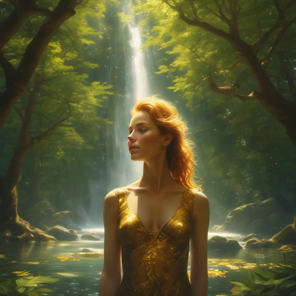 In the heart of a lush, verdant forest, bathed in dappled sunlight filtering through the leaves, stands a woman of breathtaking beauty. Her skin is the color of warm honey, glowing with an inner light that seems to radiate from within. Her hair cascades down her back in a waterfall of shimmering gold, each strand catching the light and reflecting it back in a dazzling display, 8k by Stanley Artgerm Lau