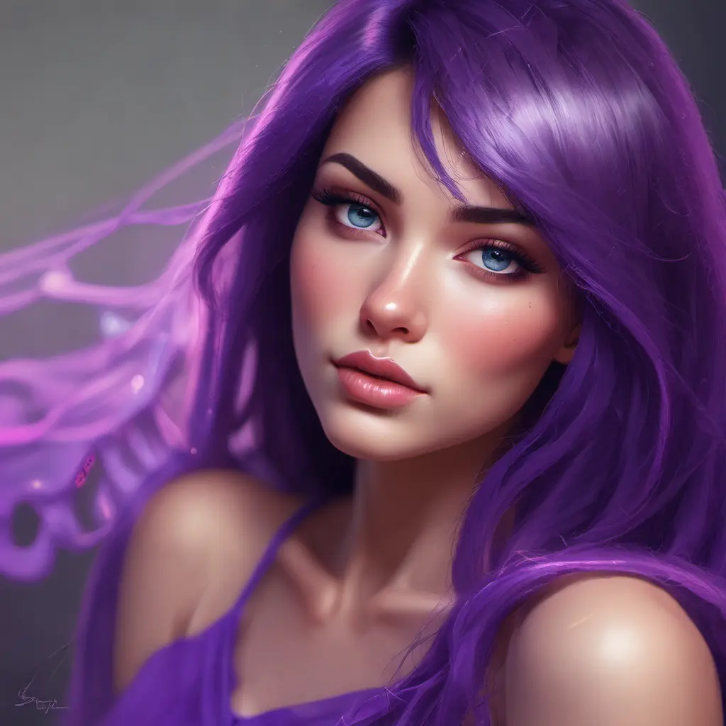 A woman of breathtaking beauty, her eyes are the deepest, most entrancing shade of violet, framed by long, dark lashes that flutter like butterfly wings. They are windows to her soul, revealing a depth of intelligence and wisdom beyond her years. Her lips are full and rosy, curved into a gentle smile that radiates warmth and kindness., 8k by Stanley Artgerm Lau