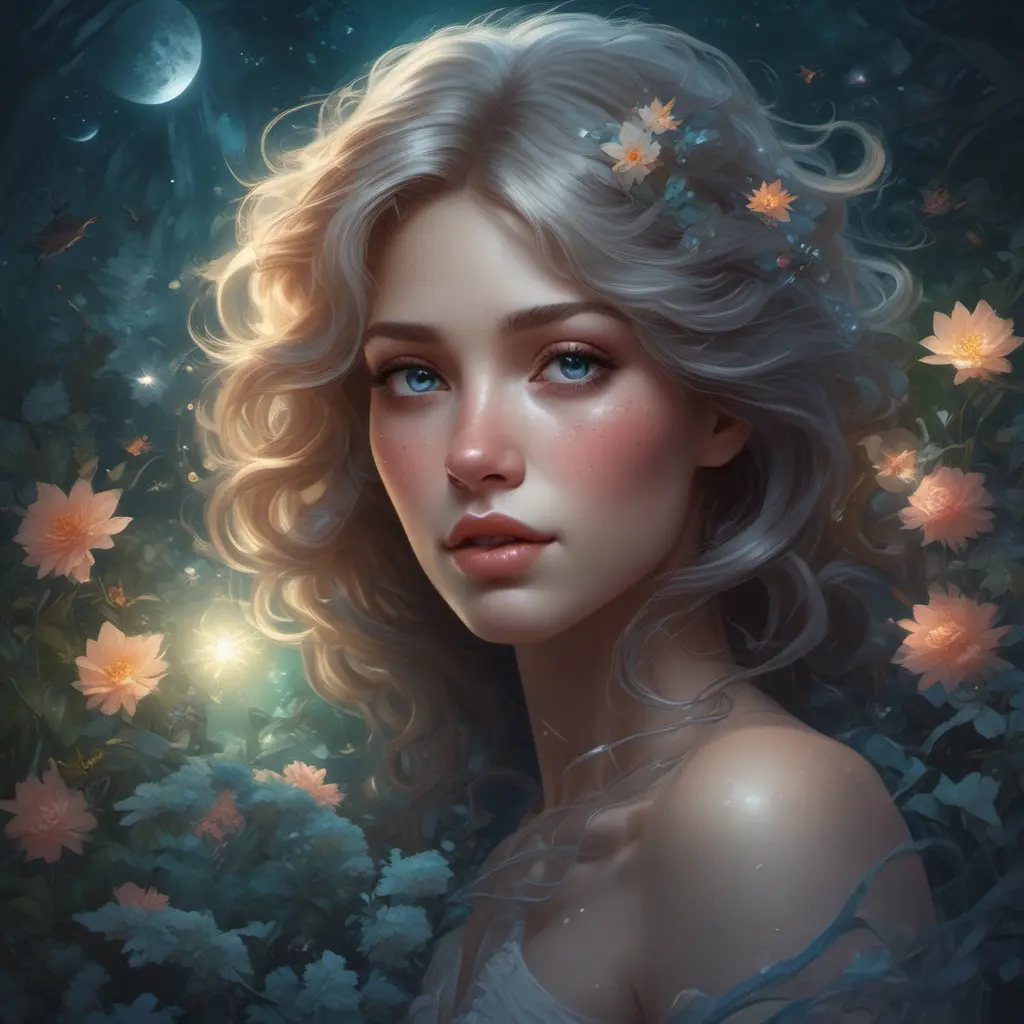 A woman with skin the color of moonlight, and hair made of cascading stars, floating in a dreamlike world filled with glowing flora and fauna. Her eyes are filled with wonder and curiosity., 8k by Stanley Artgerm Lau