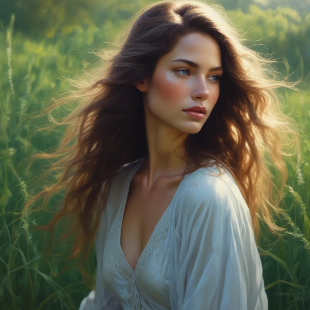 A stunningly beautiful woman stands in a field of tall, swaying grasses. Her skin is flawless, with a warm, radiant glow. Her features are delicate and enchanting - high cheekbones, full lips, and large, expressive eyes that seem to shift between shades of green, blue, and gray. Her long, flowing hair cascades down her back in soft, wavy curls, the sunlight catching the shimmering highlights. She wears a simple, elegant dress that accentuates her graceful, statuesque figure. There is an air of mystery and allure about her, as if she has stepped out of a dream. Her gaze is captivating, drawing the viewer in with a sense of wonder and curiosity. The overall impression is one of timeless, ethereal beauty., 8k by Stanley Artgerm Lau