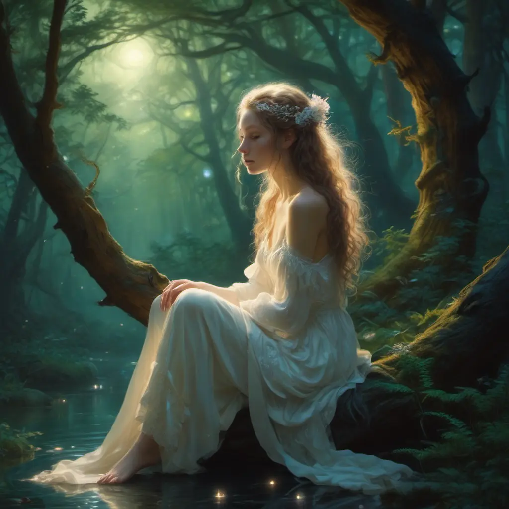 In the heart of an enchanted forest, bathed in the soft glow of bioluminescent flora, stands a captivating woman with ethereal beauty. Her skin is as pale and luminescent as moonlight filtered through ancient trees, casting a gentle radiance around her. Delicate features are accentuated by cascading locks of hair that shimmer like liquid silver under the forest's mystical lighting., 8k by Stanley Artgerm Lau