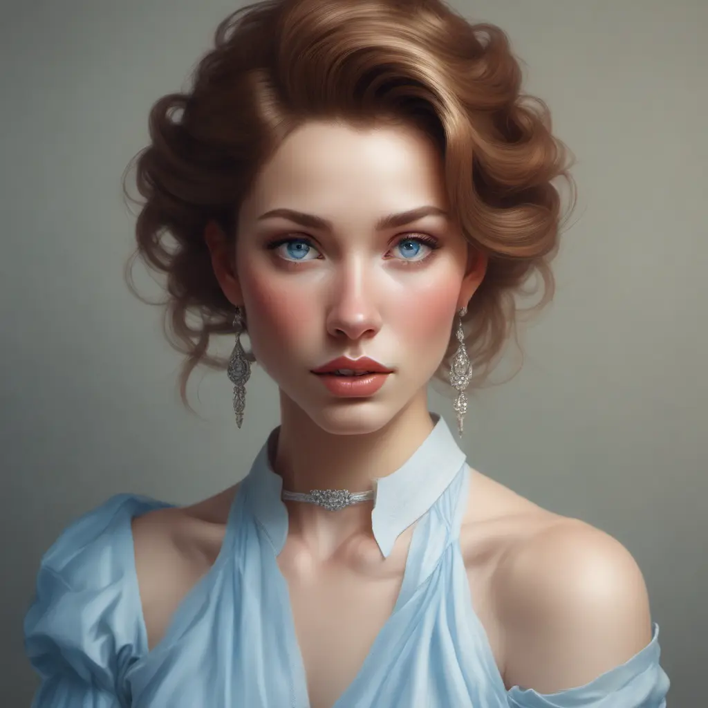 A portrait of a woman with piercing blue eyes, a delicate nose, and full lips. Her hair is styled in a classic updo, and she is wearing a simple, elegant dress. She is looking directly at the viewer with a confident and alluring gaze., 8k by Stanley Artgerm Lau