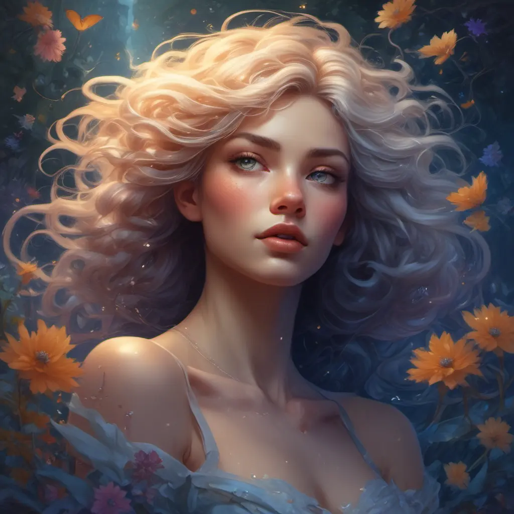 A woman with skin the color of moonlight, and hair made of cascading stars, floating in a dreamlike world filled with glowing flora and fauna. Her eyes are filled with wonder and curiosity., 8k by Stanley Artgerm Lau