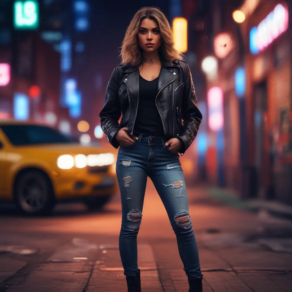 A woman with a fierce, confident expression, wearing a leather jacket and ripped jeans. She is standing in a gritty urban environment, with graffiti and neon lights surrounding her., 8k by Stanley Artgerm Lau