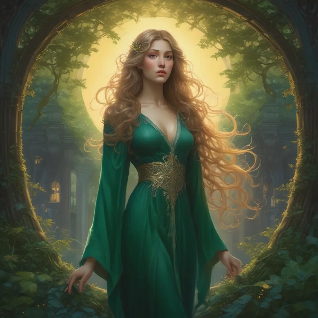 Imagine a scene where a beautiful woman stands amidst a serene garden at twilight. She has long, flowing hair that glimmers with hues of silver and gold under the fading sunlight. Her eyes are a deep, enchanting emerald green, reflecting the lush greenery around her., 8k, Art Nouveau, Surrealism by Stanley Artgerm Lau