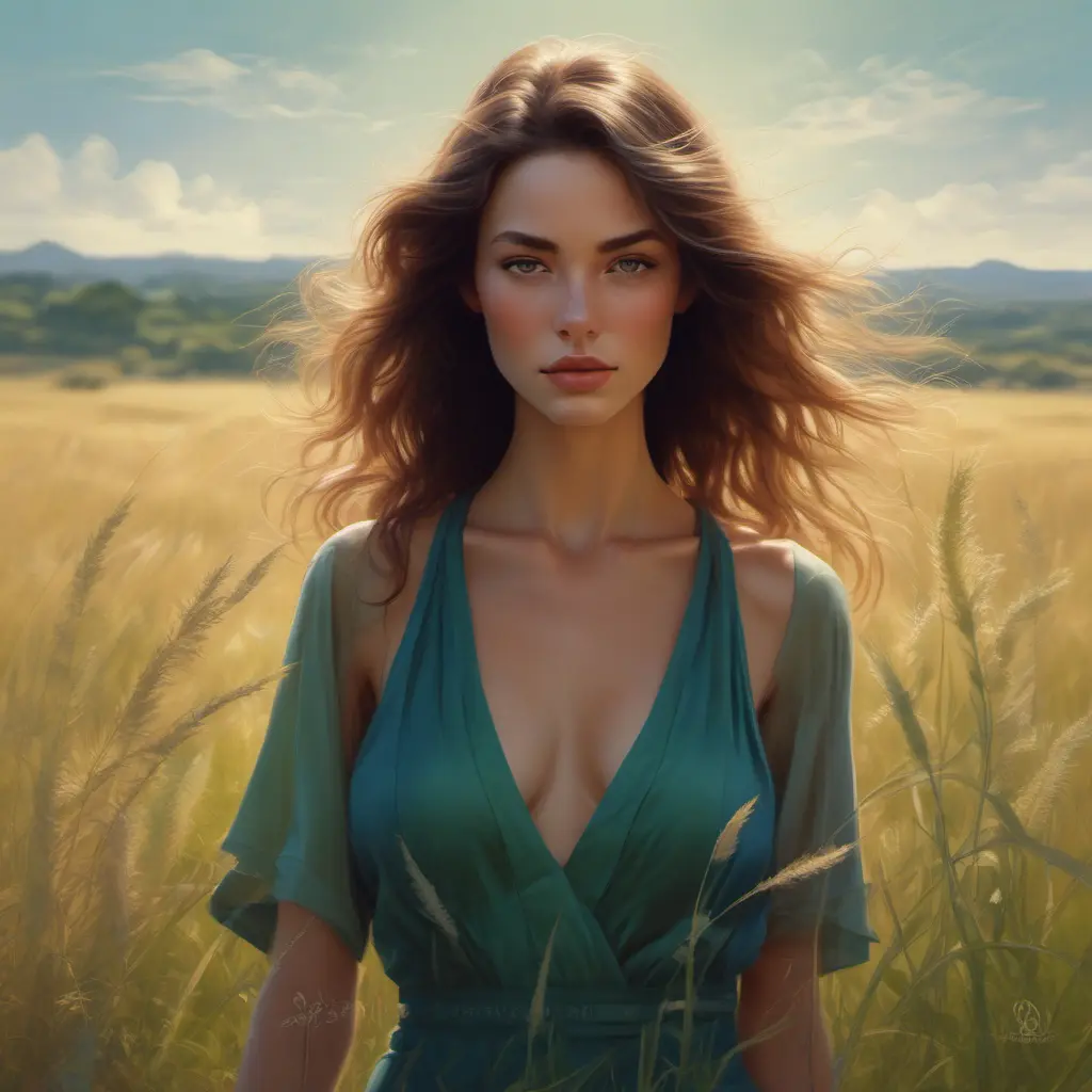 A stunningly beautiful woman stands in a field of tall, swaying grasses. Her skin is flawless, with a warm, radiant glow. Her features are delicate and enchanting - high cheekbones, full lips, and large, expressive eyes that seem to shift between shades of green, blue, and gray., 8k by Stanley Artgerm Lau