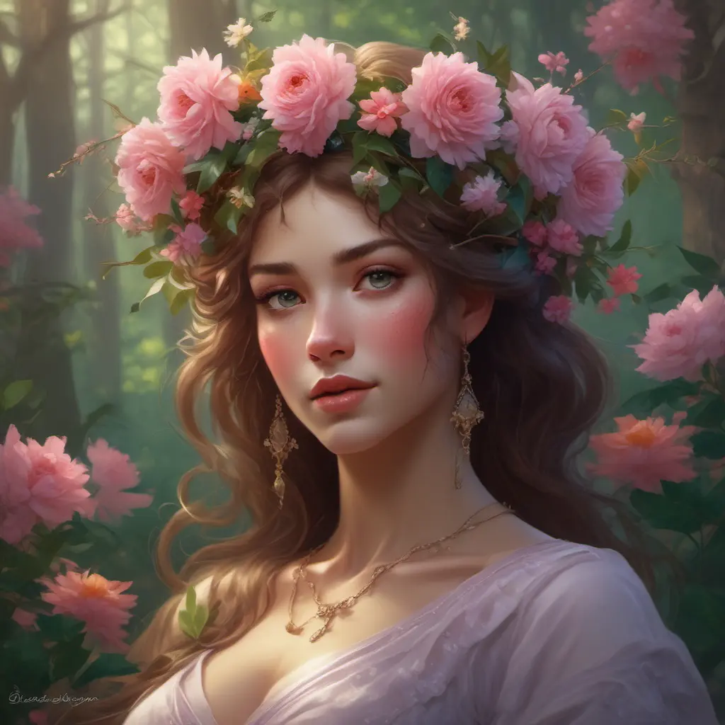 A crown of delicate flowers rests upon a woman of breathtaking beauty, woven together from the blossoms of the rarest and most beautiful flowers in the forest. They are a riot of color and scent, a fitting adornment for a queen of the woods., 8k by Stanley Artgerm Lau