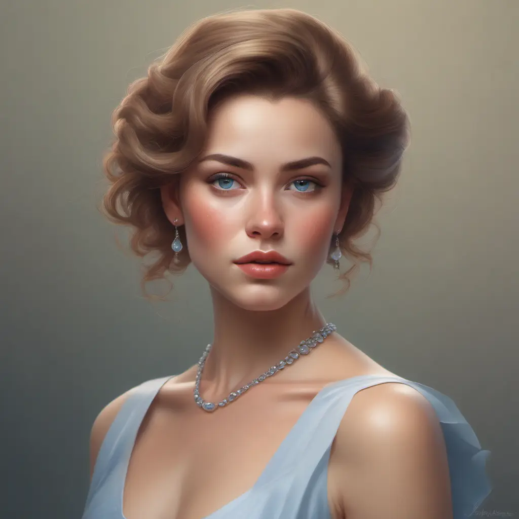 A portrait of a woman with piercing blue eyes, a delicate nose, and full lips. Her hair is styled in a classic updo, and she is wearing a simple, elegant dress. She is looking directly at the viewer with a confident and alluring gaze., 8k by Stanley Artgerm Lau