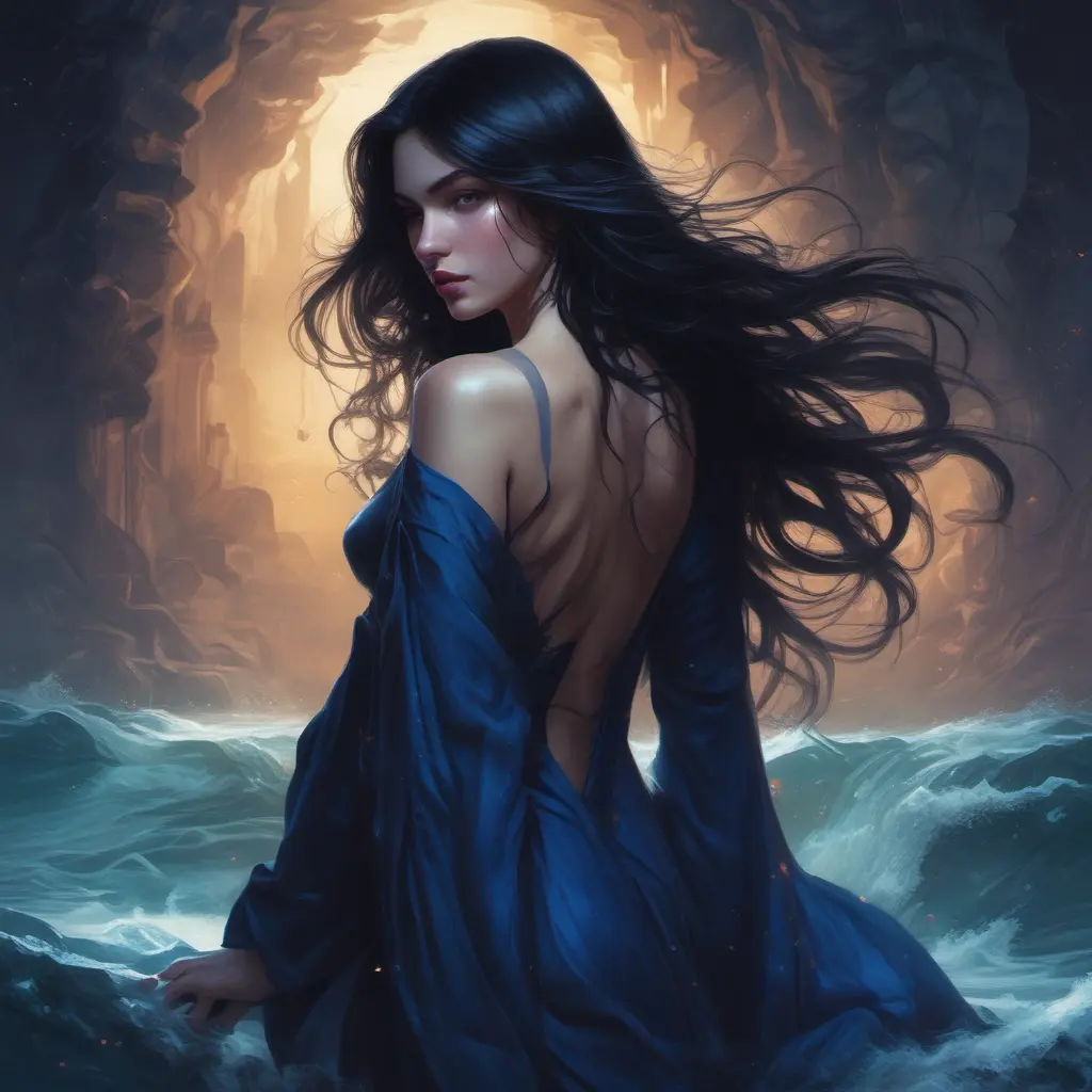 A woman with long, black hair that cascades down her back like a silken waterfall. She wears a dark, velvet dress that clings to her curves. Her eyes are a deep, mysterious blue, and she gazes out at the viewer with an enigmatic smile. The scene is dimly lit, with only a single candle casting flickering shadows on her face., Matte by Stanley Artgerm Lau