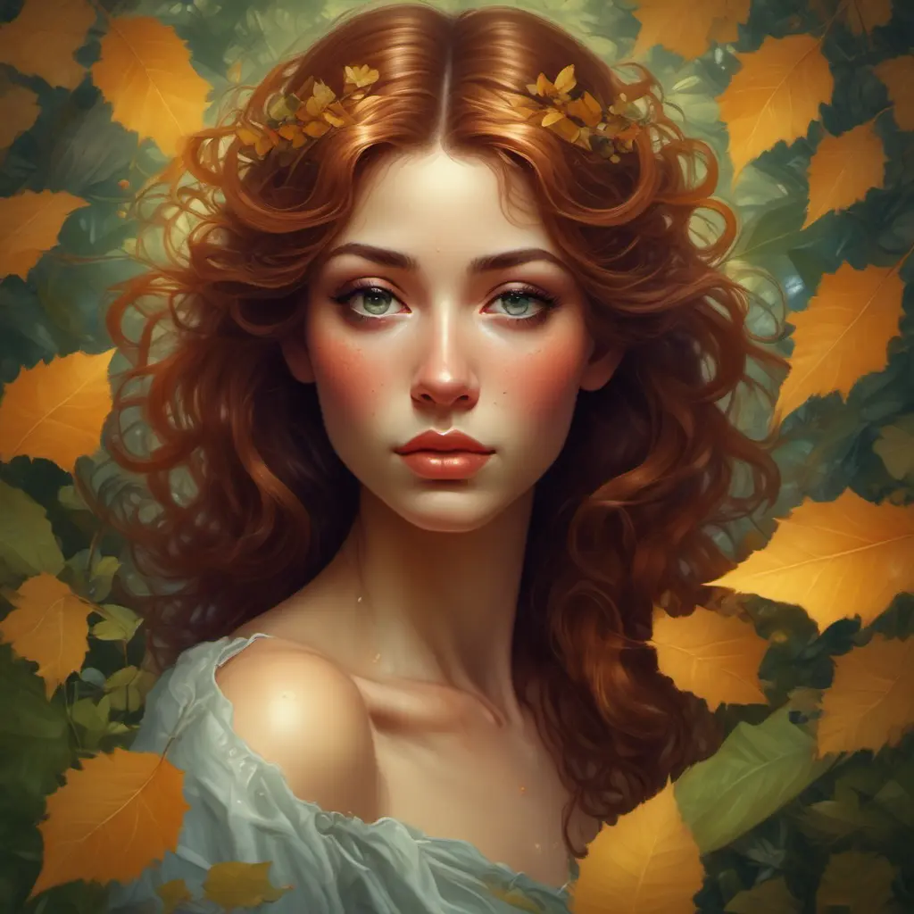 A breathtakingly beautiful woman eyes are pools of wisdom and mystery, reflecting the lush foliage surrounding her, while her skin glows with an inner warmth, like sunlight filtering through autumn leaves., 8k, Art Nouveau, Surrealism by Stanley Artgerm Lau