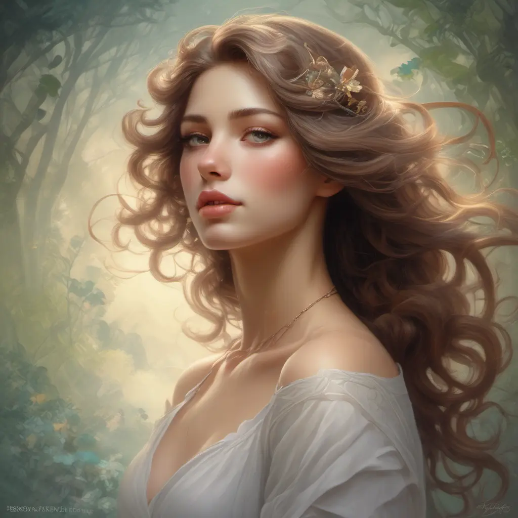 Misty air hums around a breathtakingly beautiful woman with a gentle melody, as if the very wind itself is whispering sweet nothings in her ear. She is a vision of beauty and grace, a living embodiment of nature's most enchanting creations., 8k, Art Nouveau, Surrealism by Stanley Artgerm Lau