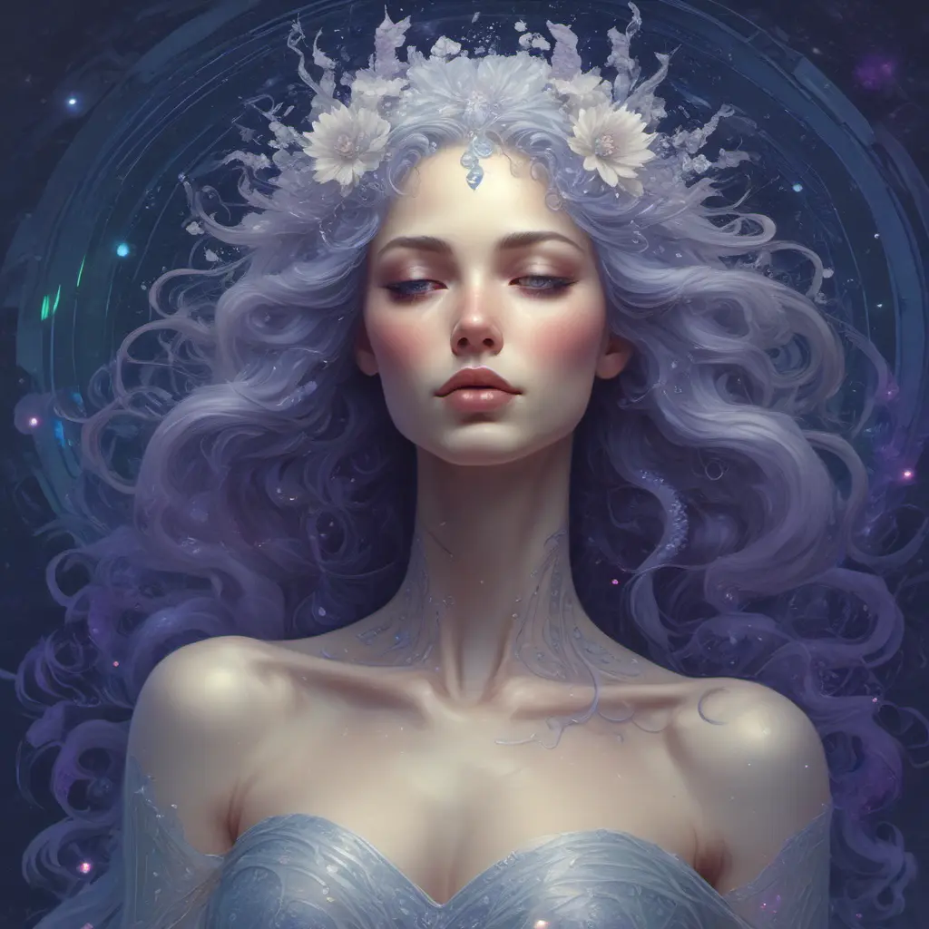 A portrait of a woman sculpted from moonlight and stardust. Her hair flows like a nebula, strands shimmering with silver and amethyst hues. Her eyes are pools of liquid starlight, reflecting galaxies within their depths. She wears a gown woven from the aurora borealis, its colors shifting and dancing across her form. A crown of delicate moonflowers rests upon her head, each petal glowing with an ethereal luminescence. Her expression is serene and wise, hinting at ancient secrets whispered by the cosmos., 8k, Art Nouveau, Surrealism by Stanley Artgerm Lau