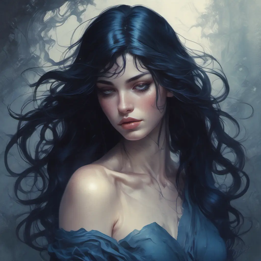 A woman with long, black hair that cascades down her back like a silken waterfall. She wears a dark, velvet dress that clings to her curves. Her eyes are a deep, mysterious blue, and she gazes out at the viewer with an enigmatic smile. The scene is dimly lit, with only a single candle casting flickering shadows on her face., Matte by Stanley Artgerm Lau