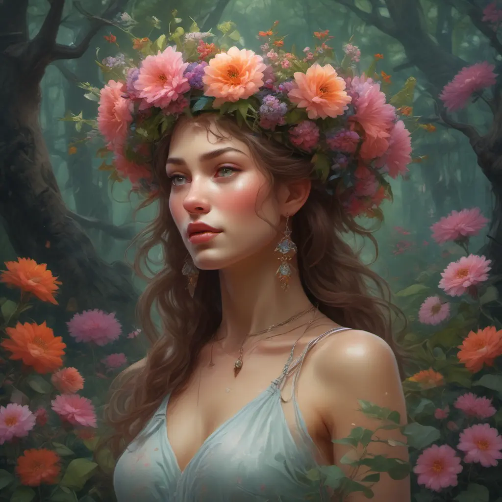 A crown of delicate flowers rests upon a woman of breathtaking beauty, woven together from the blossoms of the rarest and most beautiful flowers in the forest. They are a riot of color and scent, a fitting adornment for a queen of the woods., 8k by Stanley Artgerm Lau