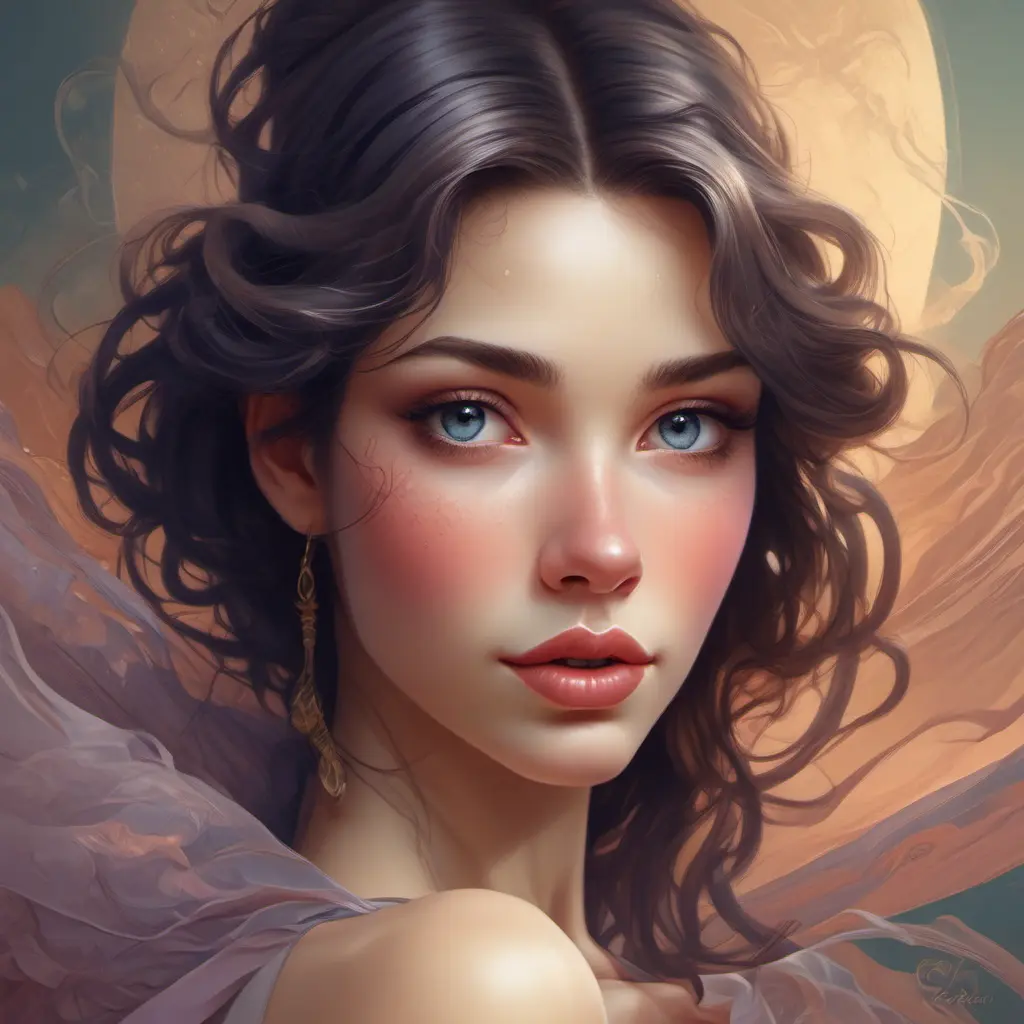 A breathtakingly beautiful woman with eyes the color of twilight skies, are framed by delicate lashes that cast shadows on her flawless, porcelain skin. Her lips are full and inviting, curved into a gentle smile that beckons all who behold her., 8k, Art Nouveau, Surrealism by Stanley Artgerm Lau