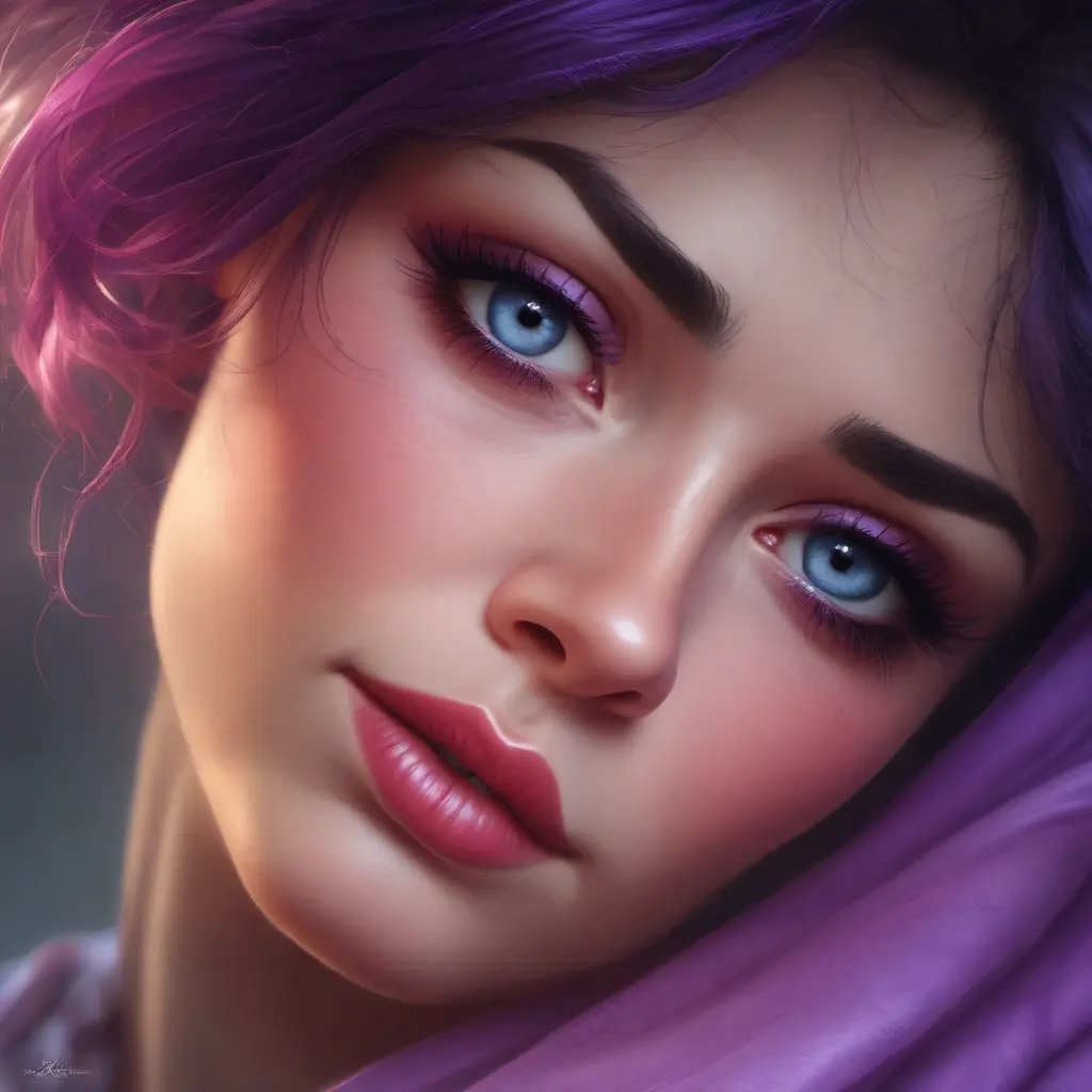 A woman of breathtaking beauty, her eyes are the deepest, most entrancing shade of violet, framed by long, dark lashes that flutter like butterfly wings. They are windows to her soul, revealing a depth of intelligence and wisdom beyond her years. Her lips are full and rosy, curved into a gentle smile that radiates warmth and kindness., 8k by Stanley Artgerm Lau