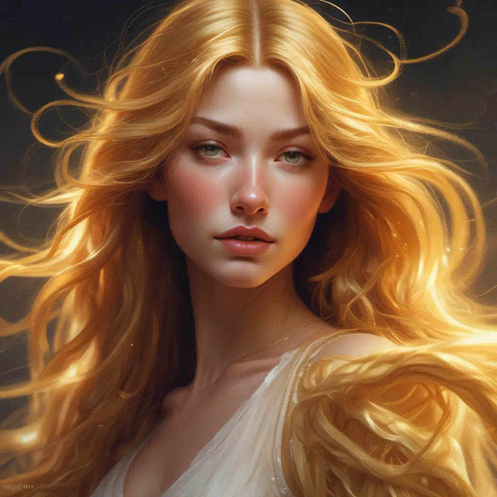 A woman of ethereal beauty hair flows like liquid gold, catching the light in a cascade of sparkling strands that frame her face in a halo of warmth., 8k by Stanley Artgerm Lau