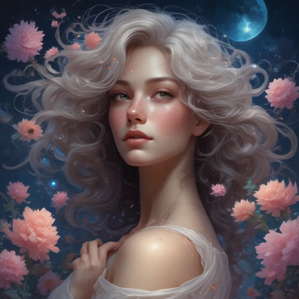 A woman with skin the color of moonlight, and hair made of cascading stars, floating in a dreamlike world filled with glowing flora and fauna. Her eyes are filled with wonder and curiosity., 8k by Stanley Artgerm Lau