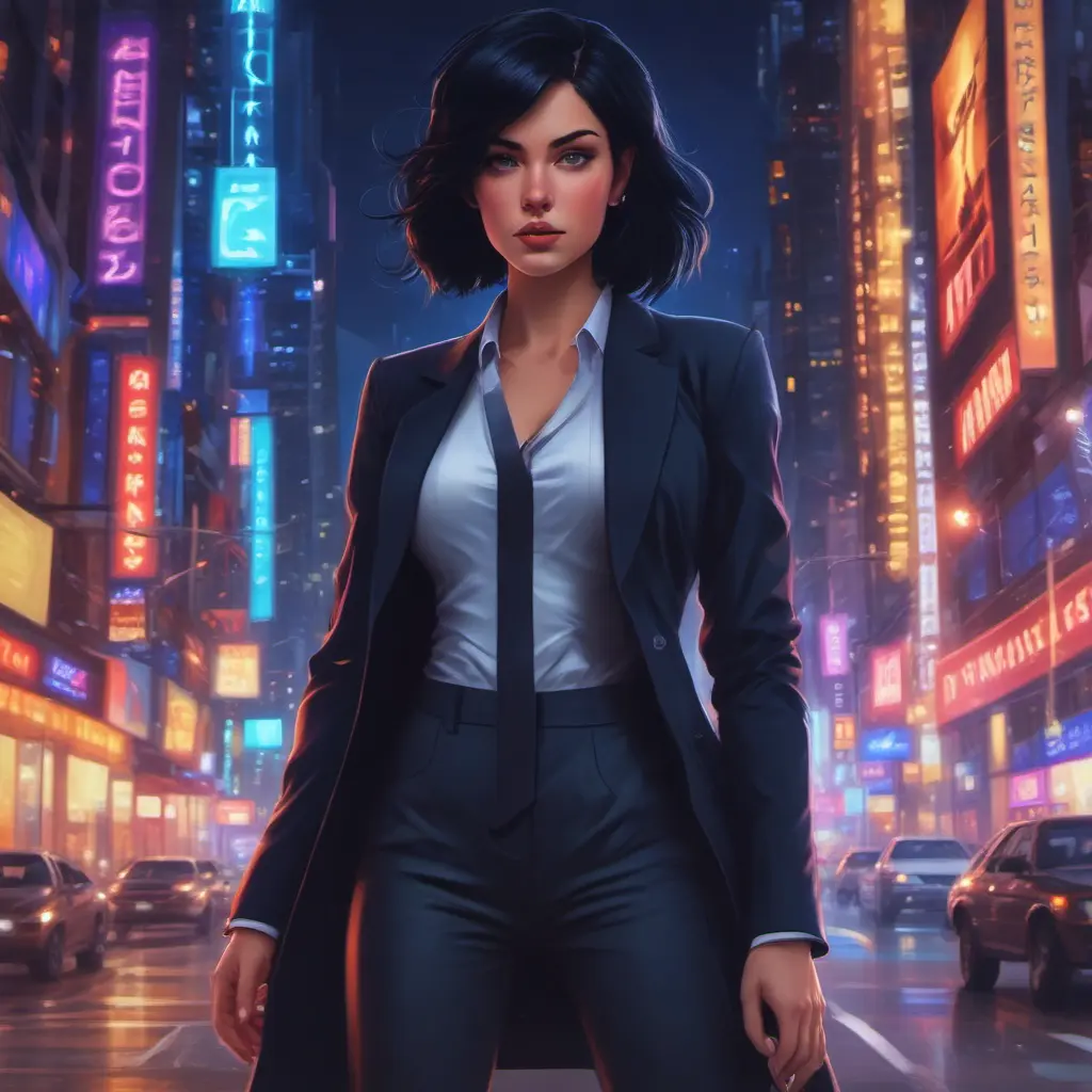 A woman with short, choppy black hair and piercing blue eyes. She is wearing a tailored black suit and a confident smirk. She stands tall and proud, radiating an aura of power and determination. The background is a bustling city street, with towering buildings and flashing neon lights., Matte by Stanley Artgerm Lau