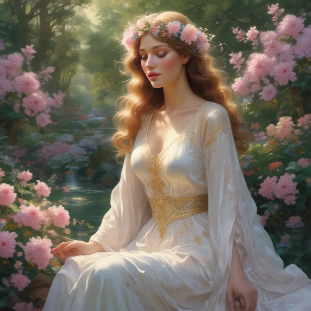 A woman of ethereal beauty hair flows like liquid gold, catching the light in a cascade of sparkling strands that frame her face in a halo of warmth. She is adorned with a crown of delicate wildflowers, each petal and leaf intricately detailed and vibrant. Her attire is a flowing gown made of the finest silk, which dances around her in the gentlest of breezes, hues of pastel blending and shifting with her every movement. She stands amidst a serene garden, where the air is perfumed with the scent of blooming jasmine and roses, and the gentle sound of a nearby stream complements her tranquil presence., 8k by Stanley Artgerm Lau