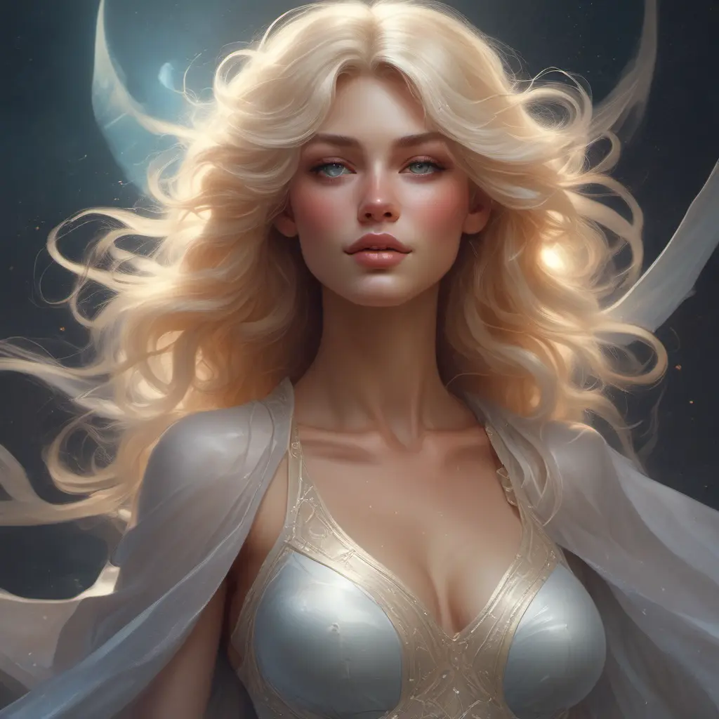 A breathtaking woman is adorned with ethereal garments woven from moonlight and stardust, their edges fading into the soft glow of her skin. A knowing smile graces her lips, hinting at ancient wisdom and mischievous secrets. She embodies the very essence of ethereal beauty, radiating an aura of power and grace., 8k by Stanley Artgerm Lau