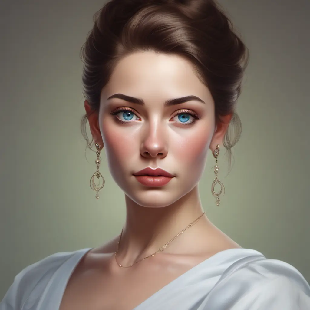 A portrait of a woman with piercing blue eyes, a delicate nose, and full lips. Her hair is styled in a classic updo, and she is wearing a simple, elegant dress. She is looking directly at the viewer with a confident and alluring gaze., 8k by Stanley Artgerm Lau