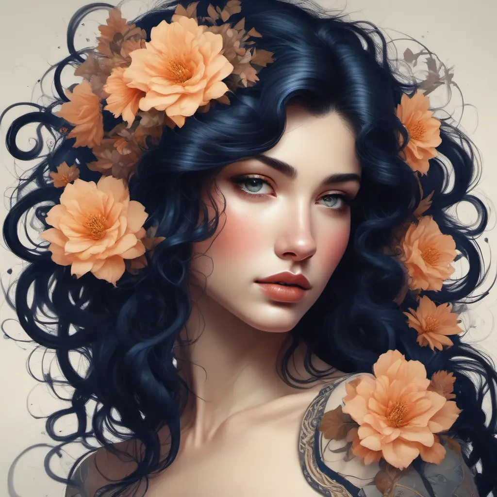 A breathtakingly beautiful woman's hair cascades down her shoulders like a waterfall of dark curls, adorned with delicate, luminescent flowers that seem to bloom and fade with her breaths, 8k, Art Nouveau, Surrealism by Stanley Artgerm Lau