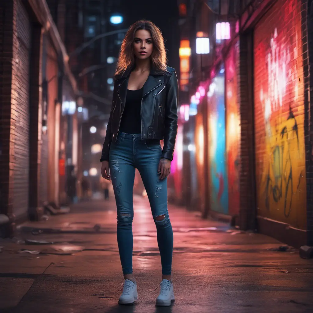 A woman with a fierce, confident expression, wearing a leather jacket and ripped jeans. She is standing in a gritty urban environment, with graffiti and neon lights surrounding her., 8k by Stanley Artgerm Lau