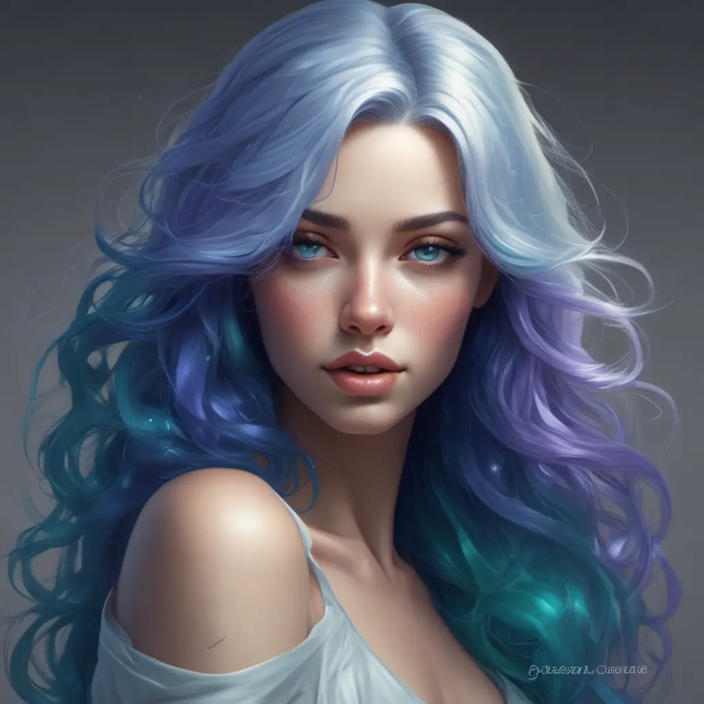 A breathtaking woman with eyes like galaxies, swirling with emerald, sapphire, and amethyst hues. Her hair cascades down her back like a silken waterfall, catching the light and shimmering with strands of silver, platinum, and gold., 8k by Stanley Artgerm Lau