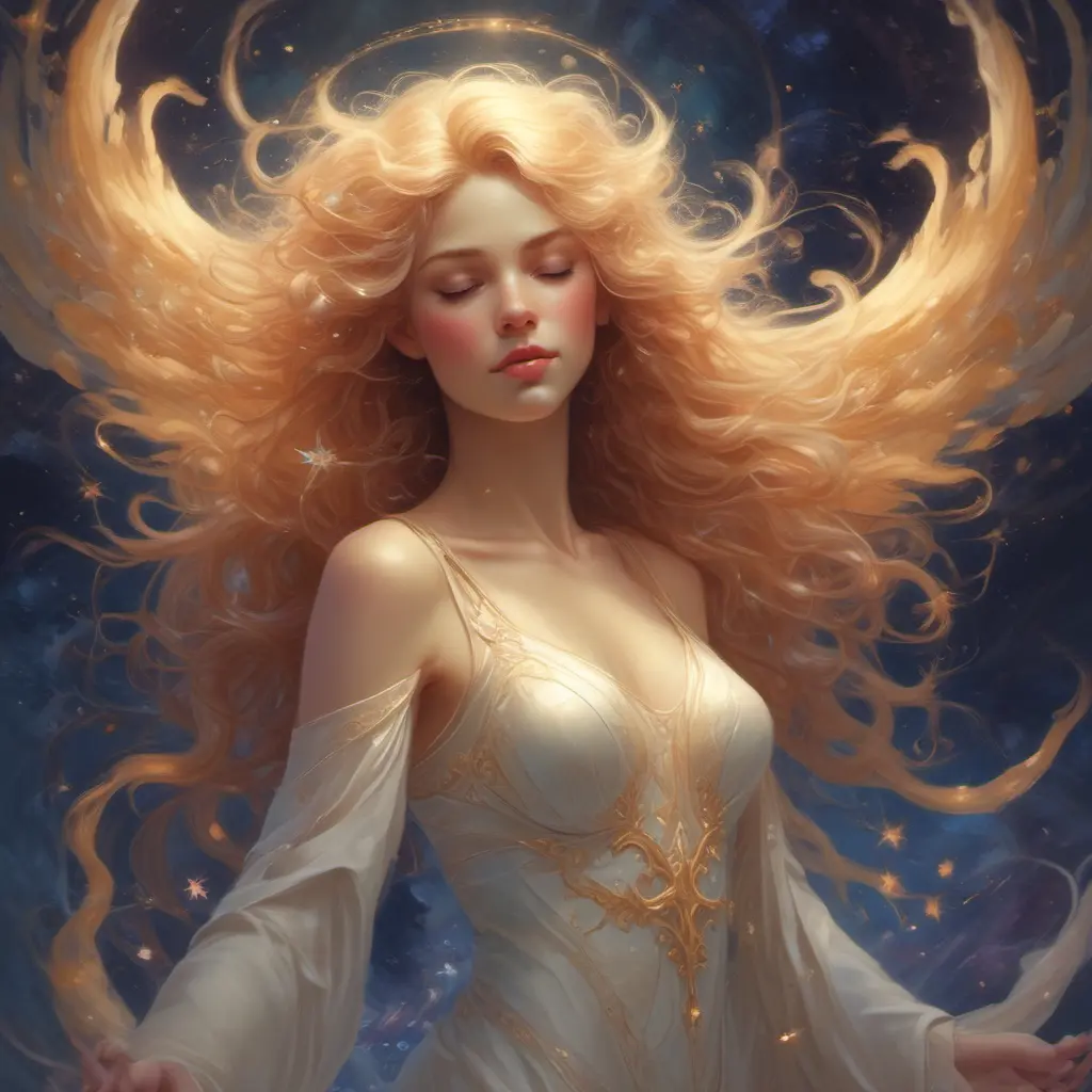 A luminous being, ethereal and otherworldly, stands poised amidst a whirlwind of iridescent petals and shimmering stardust. Her skin is a radiant, pearlescent hue, as if infused with the soft glow of moonlight. Her hair, a tumble of wild, honey-gold locks, cascades down her back like a river of sunset fire, with strands that seem to come alive, curling and uncurling like tendrils of a celestial vine. Her eyes, two glittering sapphires, shine with an inner light, as if the very essence of the stars has been distilled within them. Her lips, a gentle, rose-petal curve, whisper secrets to the cosmos, and her slender fingers, tipped with nails that shimmer like opals, seem to conduct the symphony of the universe. She stands tall, a goddess of wonder, surrounded by a halo of soft, pulsing light, as if the very fabric of reality has been woven into a tapestry of beauty and enchantment around her., 8k by Stanley Artgerm Lau