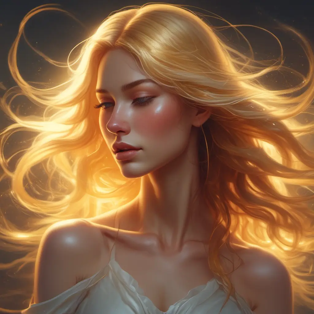 A woman of ethereal beauty hair flows like liquid gold, catching the light in a cascade of sparkling strands that frame her face in a halo of warmth., 8k by Stanley Artgerm Lau