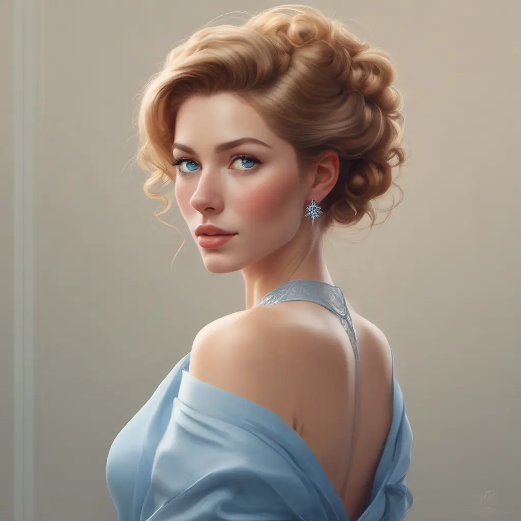 A portrait of a woman with piercing blue eyes, a delicate nose, and full lips. Her hair is styled in a classic updo, and she is wearing a simple, elegant dress. She is looking directly at the viewer with a confident and alluring gaze., 8k by Stanley Artgerm Lau