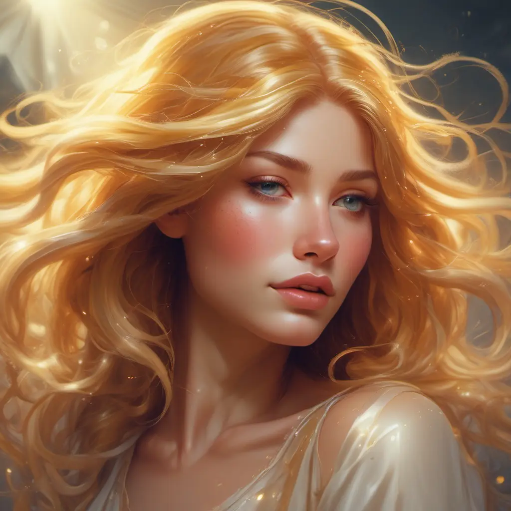 A woman of ethereal beauty hair flows like liquid gold, catching the light in a cascade of sparkling strands that frame her face in a halo of warmth., 8k by Stanley Artgerm Lau