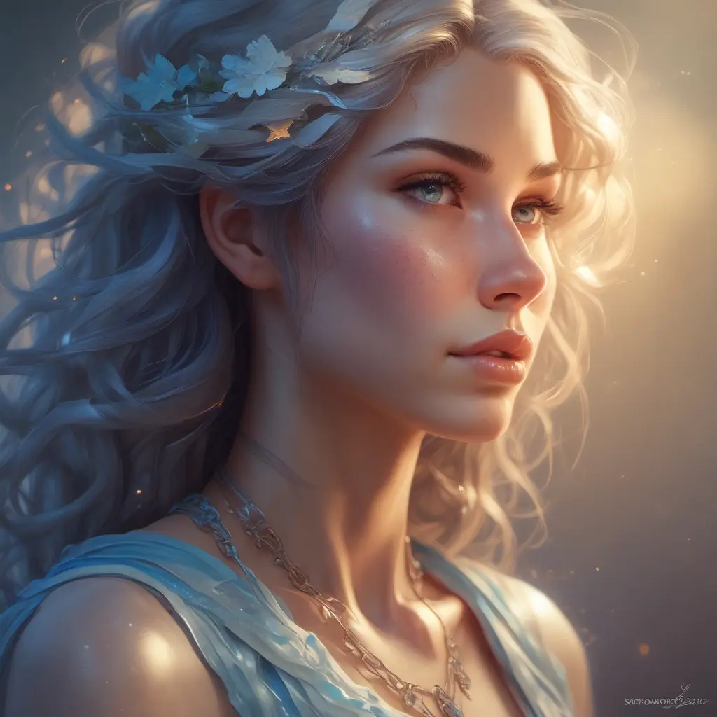 Envision a woman of ethereal beauty, her skin aglow with a soft luminescence that seems to radiate from within. Her eyes are deep pools of shimmering azure, reflecting a wisdom and serenity that transcends time., 8k by Stanley Artgerm Lau