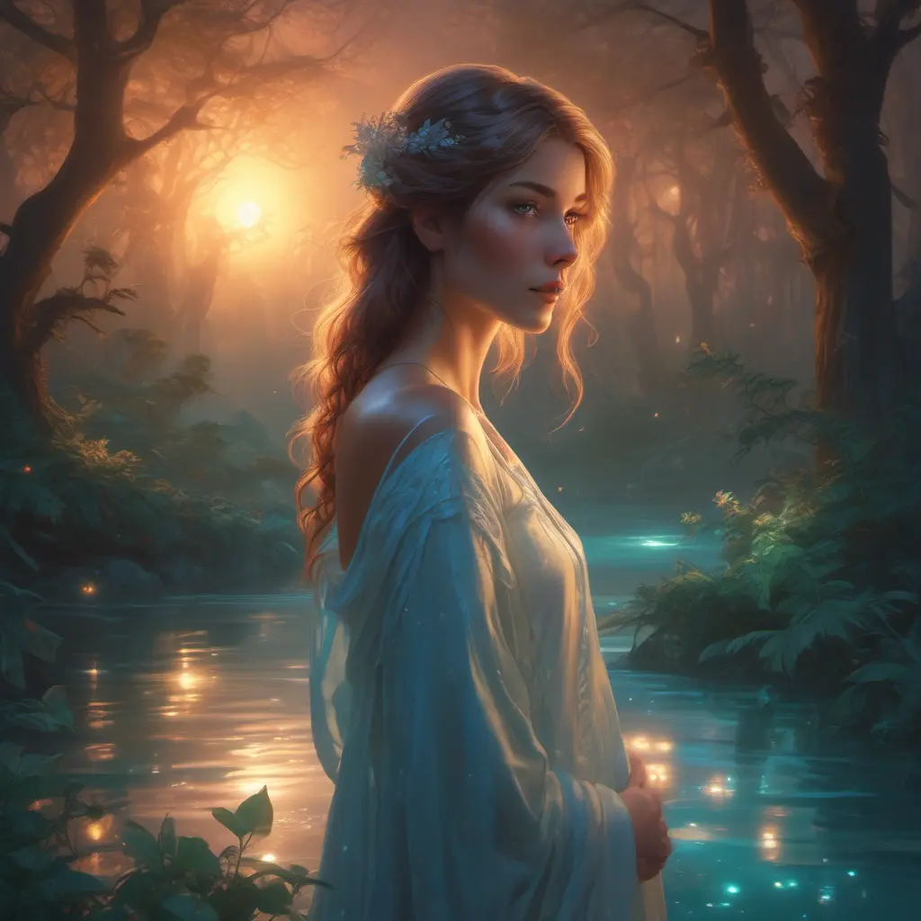 In the heart of an enchanted forest, bathed in the soft glow of bioluminescent flora, stands a captivating woman with ethereal beauty., 8k by Stanley Artgerm Lau