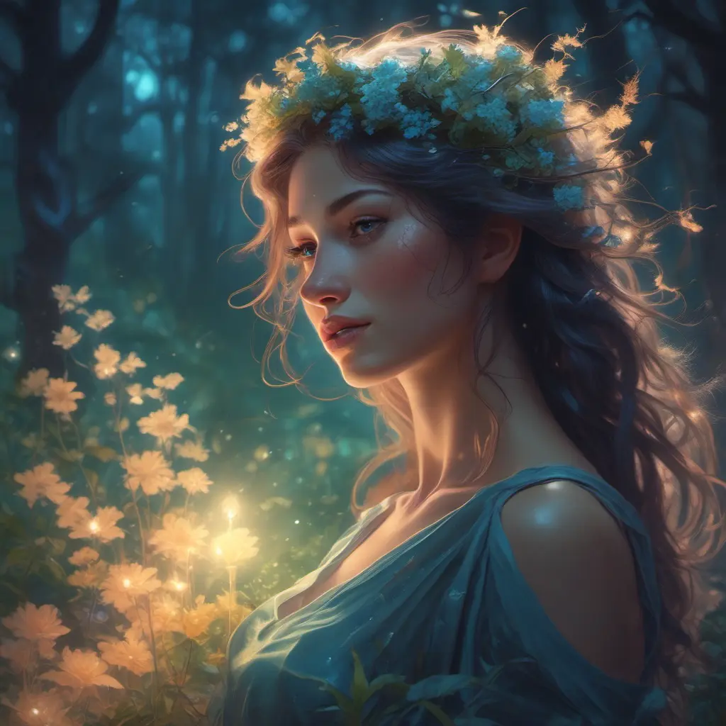 In the heart of an enchanted forest, bathed in the soft glow of bioluminescent flora, stands a captivating woman with ethereal beauty., 8k by Stanley Artgerm Lau