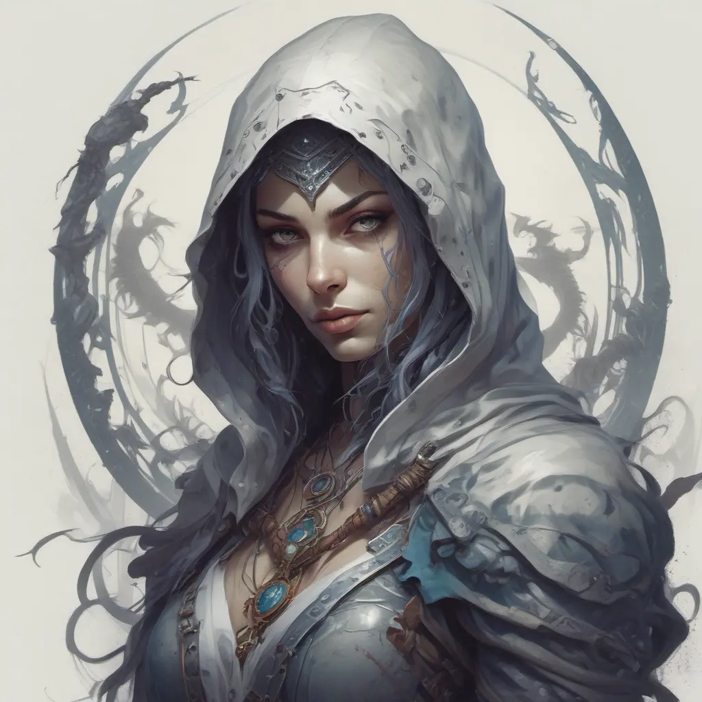 White hooded female assassin, Highly Detailed, Vibrant Colors, Ink Art, Fantasy, Dark by Peter Mohrbacher