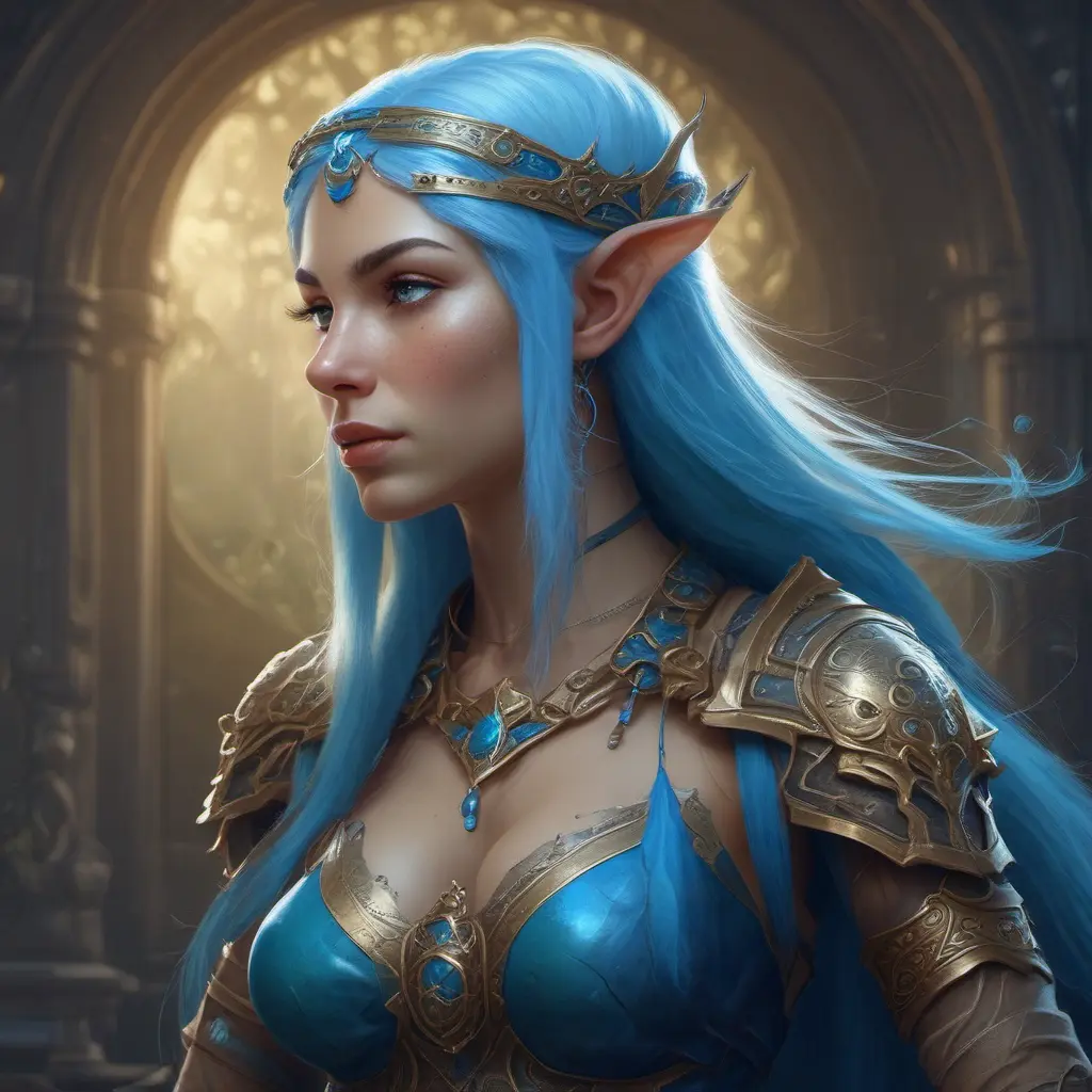 D&D concept art of gorgeous elven woman with blue hair in the style of Stefan Kostic, 8k, High Definition, Highly Detailed, Intricate, Half Body, Realistic, Sharp Focus, Fantasy, Elegant by Luis Ricardo Falero