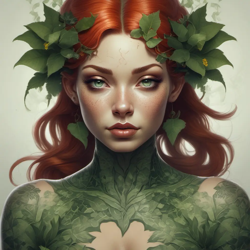 Closeup matte portrait of a tattooed Poison Ivy, symmetrical face, 8k, Highly Detailed, Intricate, Artstation, Matte Painting, Sharp Focus, Concept Art by Stanley Artgerm Lau, Greg Rutkowski