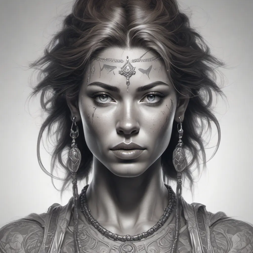 Colorful portrait of a tattooed Aloy with a grey scale face, 4k, Highly Detailed, Hyper Detailed, Powerful, Artstation, Vintage Illustration, Digital Painting, Sharp Focus, Smooth, Concept Art by Stanley Artgerm Lau, Alphonse Mucha, Greg Rutkowski