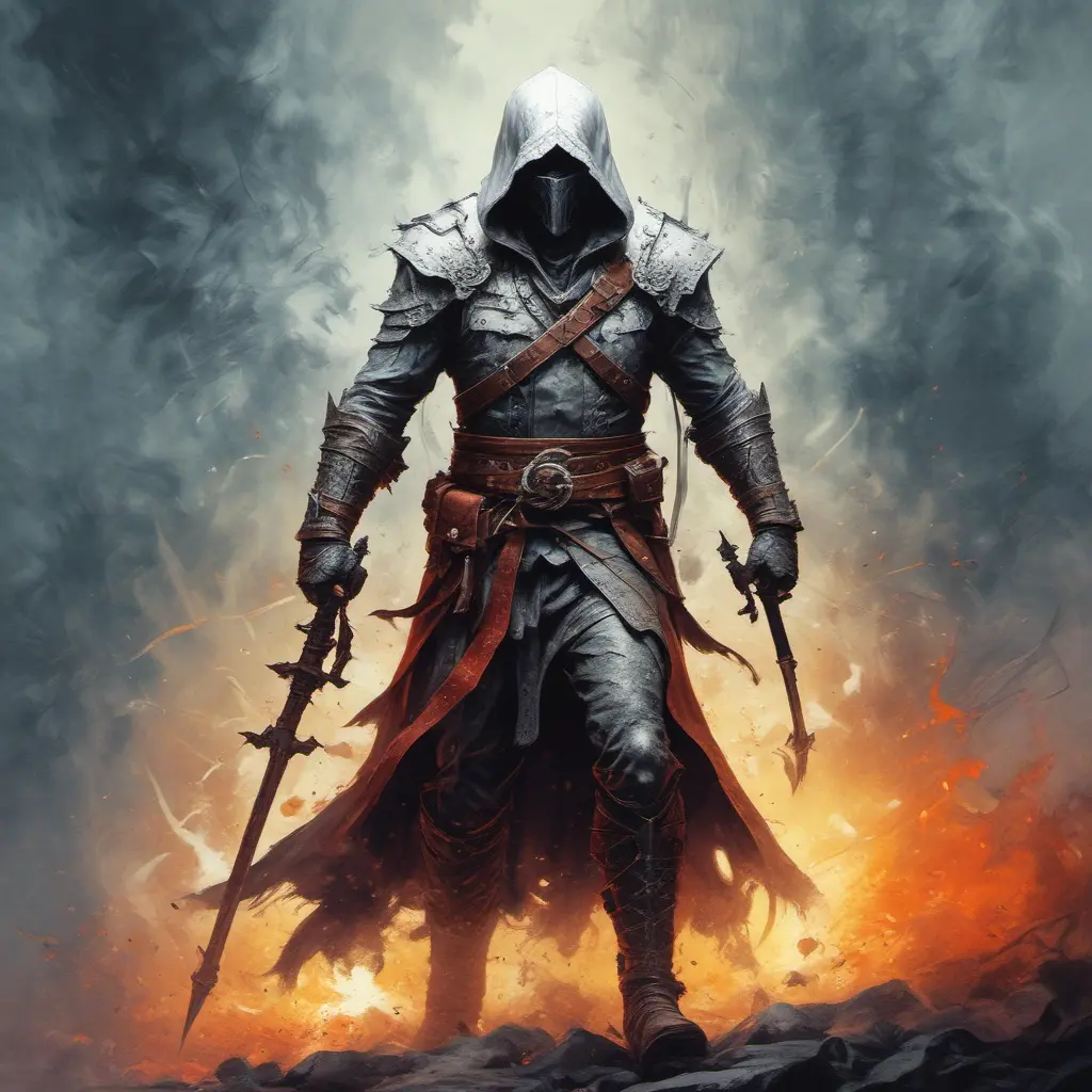 White Assassin emerging from a firey fog of battle, ink splash, Highly Detailed, Vibrant Colors, Ink Art, Fantasy, Dark by Vincent Di Fate