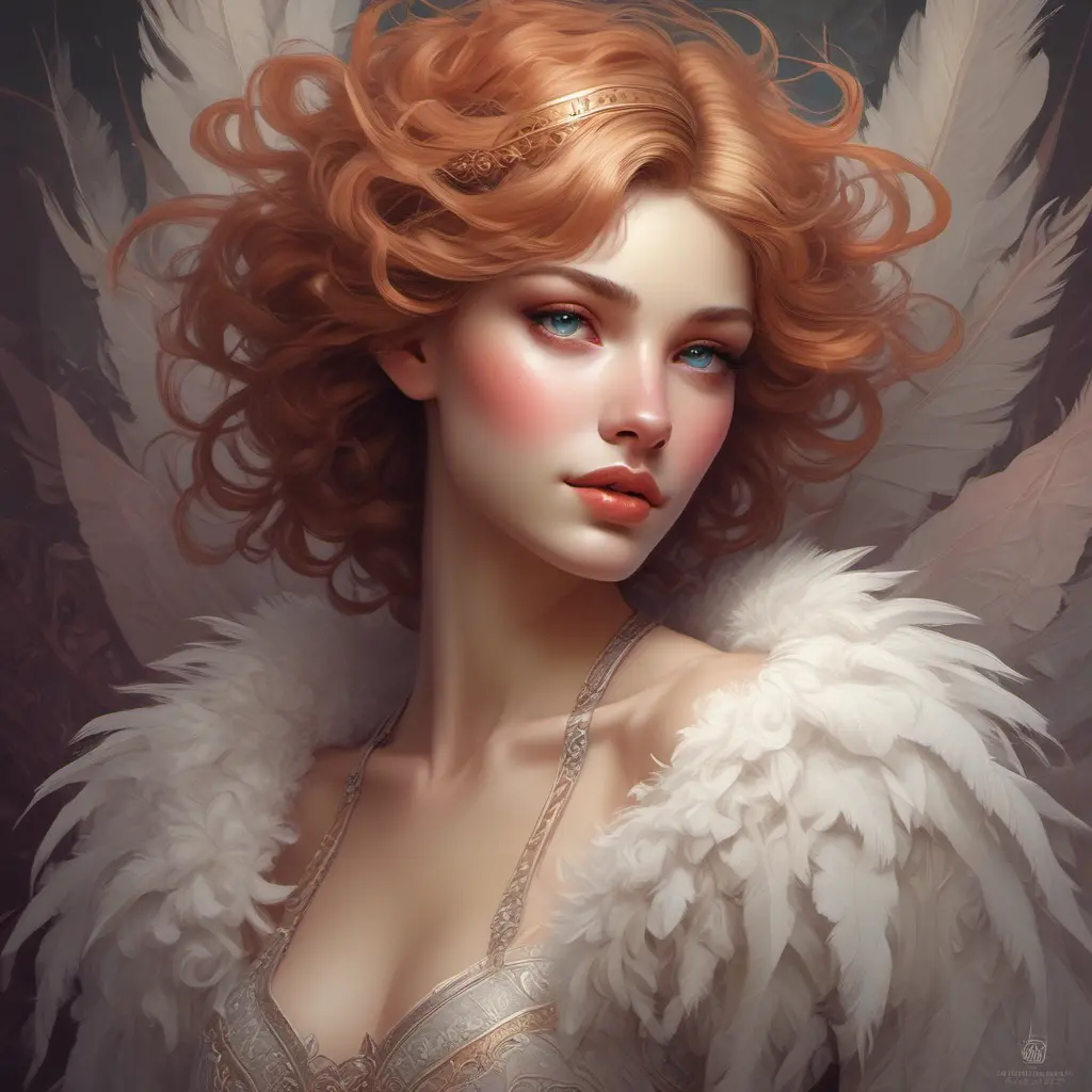 Alluring matte portrait of a beautiful Quinn wearing feathers, 8k, Highly Detailed, Intricate, Half Body, Realistic, Sharp Focus, Volumetric Lighting, Fantasy, Elegant by Stanley Artgerm Lau, Alphonse Mucha, WLOP