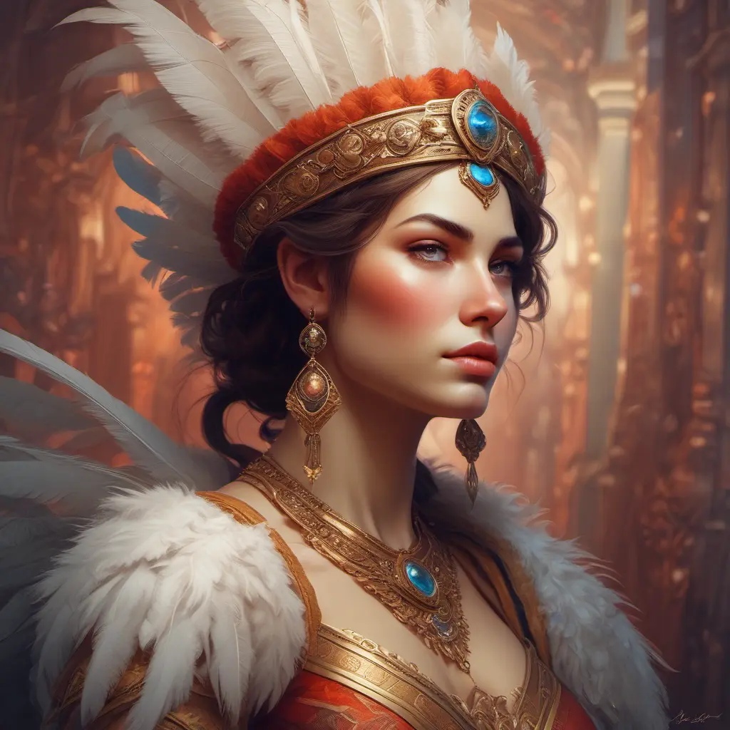 Alluring matte portrait of a beautiful Kassandra wearing feathers, 8k, Highly Detailed, Intricate, Half Body, Realistic, Sharp Focus, Volumetric Lighting, Fantasy, Elegant by Stanley Artgerm Lau, Alphonse Mucha, WLOP