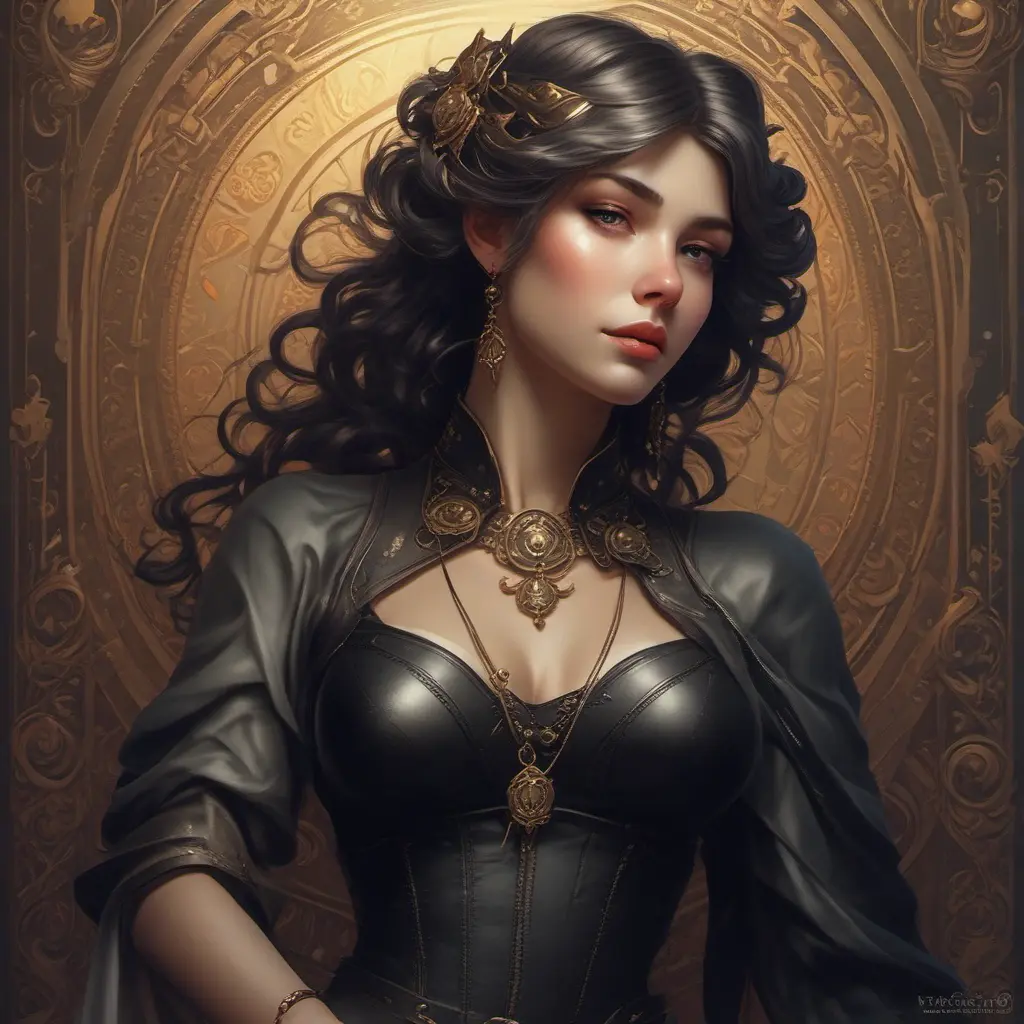 Alluring matte portrait of a beautiful Sona wearing black leather, 8k, Highly Detailed, Intricate, Half Body, Realistic, Sharp Focus, Volumetric Lighting, Fantasy, Elegant by Stanley Artgerm Lau, Alphonse Mucha, WLOP