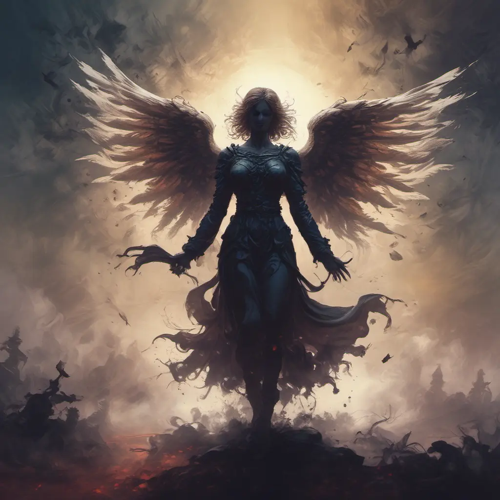 Silhouette of an Angel emerging from the fog of war, ink splash, Highly Detailed, Vibrant Colors, Ink Art, Fantasy, Dark by Stanley Artgerm Lau