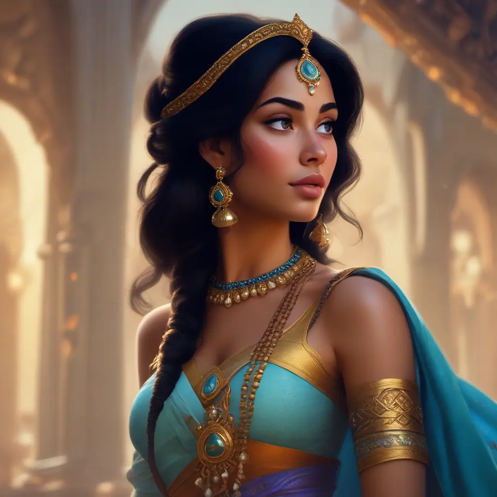 Alluring matte portrait of Princess Jasmine, 4k, 4k resolution, 8k, HD, High Definition, High Resolution, Highly Detailed, HQ, Hyper Detailed, Intricate Artwork, Ultra Detailed, Digital Painting, Matte Painting, Realistic, Sharp Focus, Dim light, Fantasy by Greg Rutkowski