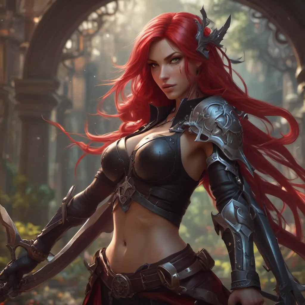 Katarina from League of Legends, 8k, Highly Detailed, Alluring, Photo Realistic, Sharp Focus, Octane Render, Unreal Engine, Volumetric Lighting by Alphonse Mucha